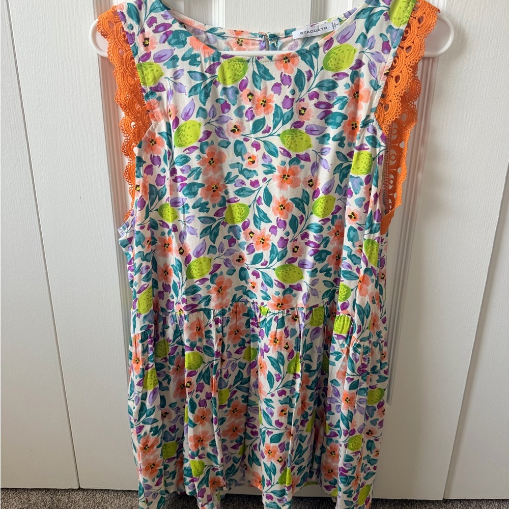 Floral Sleeveless Tank with Orange Lace Trim